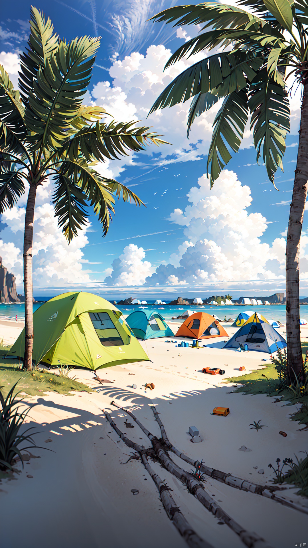  microworld,on of the beach,camping area,Coconut palm,
render,technology, (best quality) (masterpiece), (highly in detailed), 4K,Official art, unit 8 k wallpaper, ultra detailed, masterpiece, best quality, extremely detailed,CG,low saturation,monochrome,