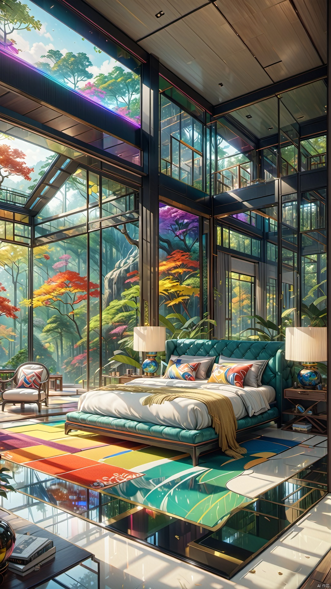  Glass room, colorful colors, forest view, depth of field filter, 
render,technology, (best quality) (masterpiece), (highly in detailed), 4K,Official art, unit 8 k wallpaper, ultra detailed, masterpiece, best quality, extremely detailed,CG,low saturation, jianzhu, Villa, QMSJ