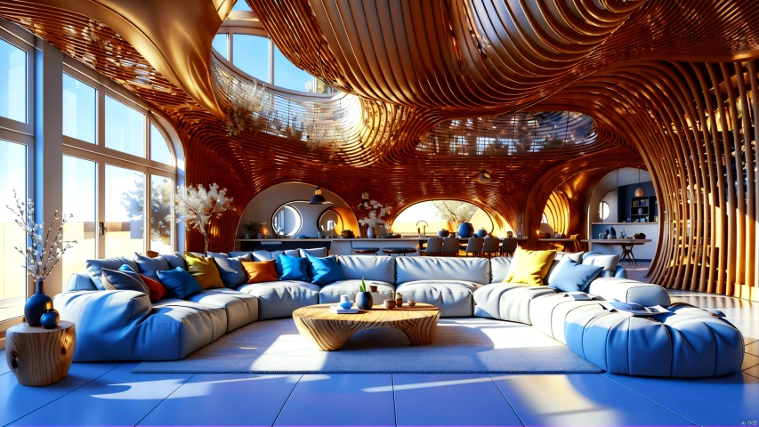  Large floor, living room, interior lighting,Curved log structure background,
microworld,Interior, Home design, Conceptual space, Surrealism, future technology,
render,technology, (best quality) (masterpiece), (highly in detailed), 4K,Official art, unit 8 k wallpaper, ultra detailed, masterpiece, best quality, extremely detailed,CG,low saturation,monochrome, Installation art, glow, Light master