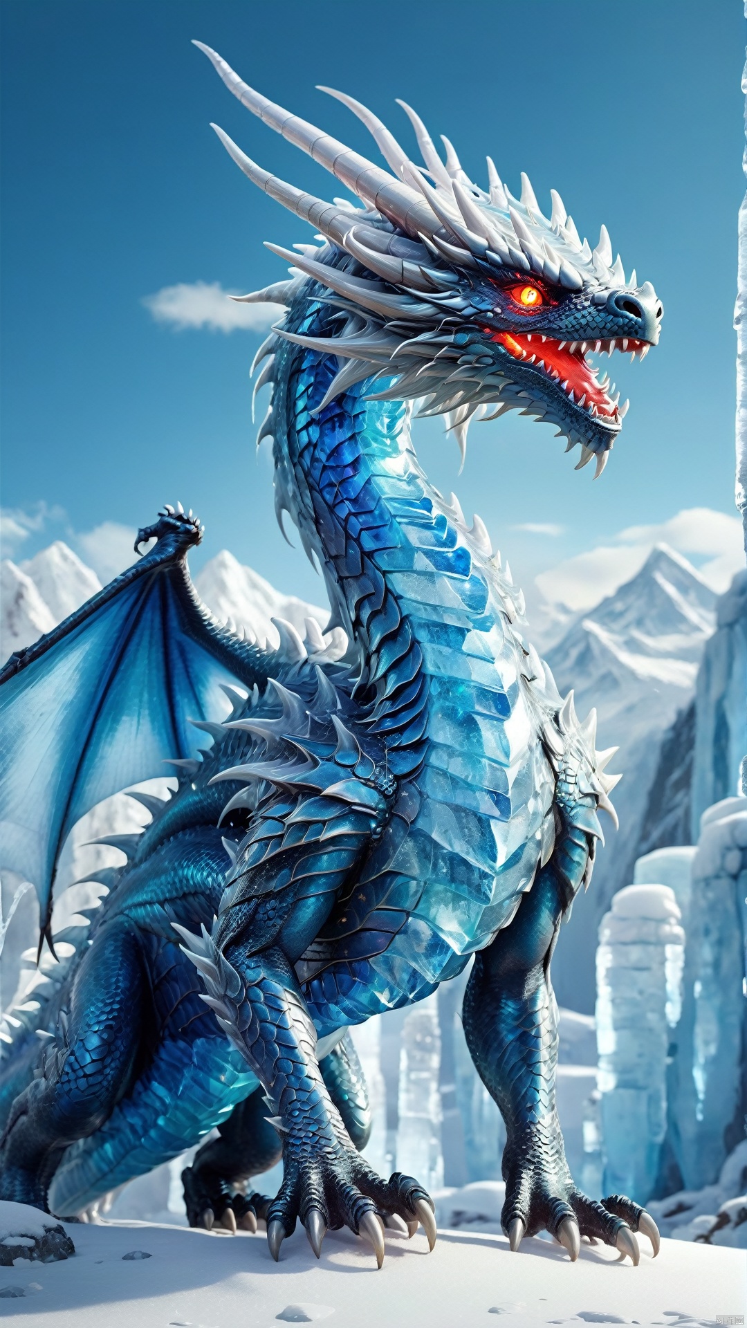  A blue ice dragon, its body covered with thick ice scales, each shining with a cold ice light. The ice dragon's eyes are deep red, as if they can see through everything, revealing its mystery and majesty. Its head was stretched forward and its mouth showed a row of sharp teeth, as if it were demonstrating against the enemy.
The body of the ice dragon is very large, and its wings are wide and powerful, which allows it to fly in the sky. The wings are covered with ice crystals, each beautiful as a work of art. The tail of the ice dragon is long and stout, with a large ice thorn at the end, as if it were its combat weapon. The whole body is covered with ice, giving a cold and mysterious feeling.
The ice dragon's feet are very powerful, with sharp claws on each toe, allowing it to easily climb mountains and glaciers. Its back and belly are protected by thick ice scales, which are not only hard but also very smooth, allowing it to glide quickly across the ice.
In the black background, the ice dragon appears more mysterious and dignified. It seems to be a guardian from the ice and snow world, guarding this land with its own strength and wisdom. Its existence makes people feel a strong sense of shock and awe.
1 dragon,masterpiece,
render,technology, (best quality) (masterpiece), (highly detailed), game,4K,Official art, unit 8 k wallpaper, ultra detailed, beautiful and aesthetic, masterpiece, best quality, extremely detailed, dynamic angle, atmospheric, full body lens,high detail,exquisite facial features,futuristic,science fiction,CG, Oriental Dragon, wujie, mlonggwang