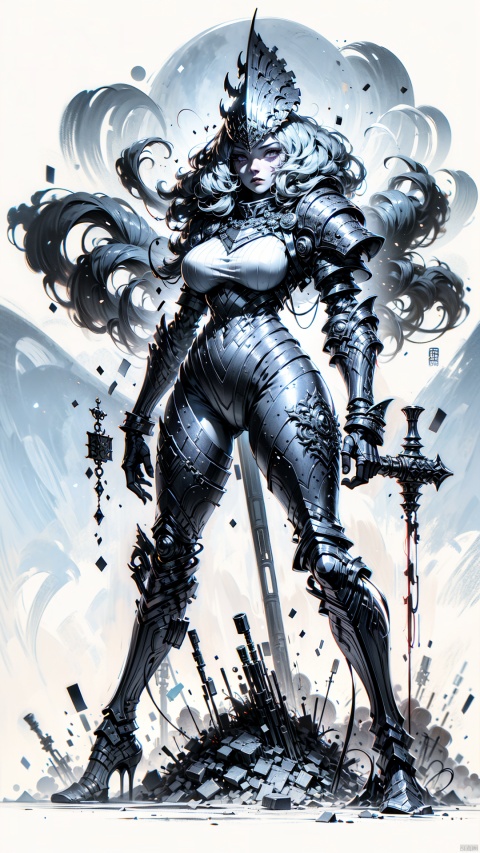  A girl in white and blue armor, in a dilapidated city, shows determination and fearless courage. She was wearing an elaborate suit of armor, a combination of white and blue that made her stand out against the gray city background. This suit of armor not only shows her nobility, but also her readiness for battle. The helmet is decorated with complex patterns, and the purple eyes are like the brightest stars in the night sky, flashing a mysterious light. Her eyes are firm and deep, as if she can see into the future, showing her persistent pursuit of victory. The girl holds an energy sword in her hand, her left hand firmly holding the hilt, her right hand gently supporting the blade, ready to strike a fatal blow at any time. The sword complements her armor, showing her great fighting power and fearless courage.
1 gril,full body,
render,technology, (best quality) (masterpiece), (highly detailed), 4K,Official art, unit 8 k wallpaper, ultra detailed, masterpiece, best quality, extremely detailed,atmospheric,highdetail,exquisitefacialfeatures,futuristic,sciencefiction,CG,low saturation,monochrome, Ink scattering_Chinese style