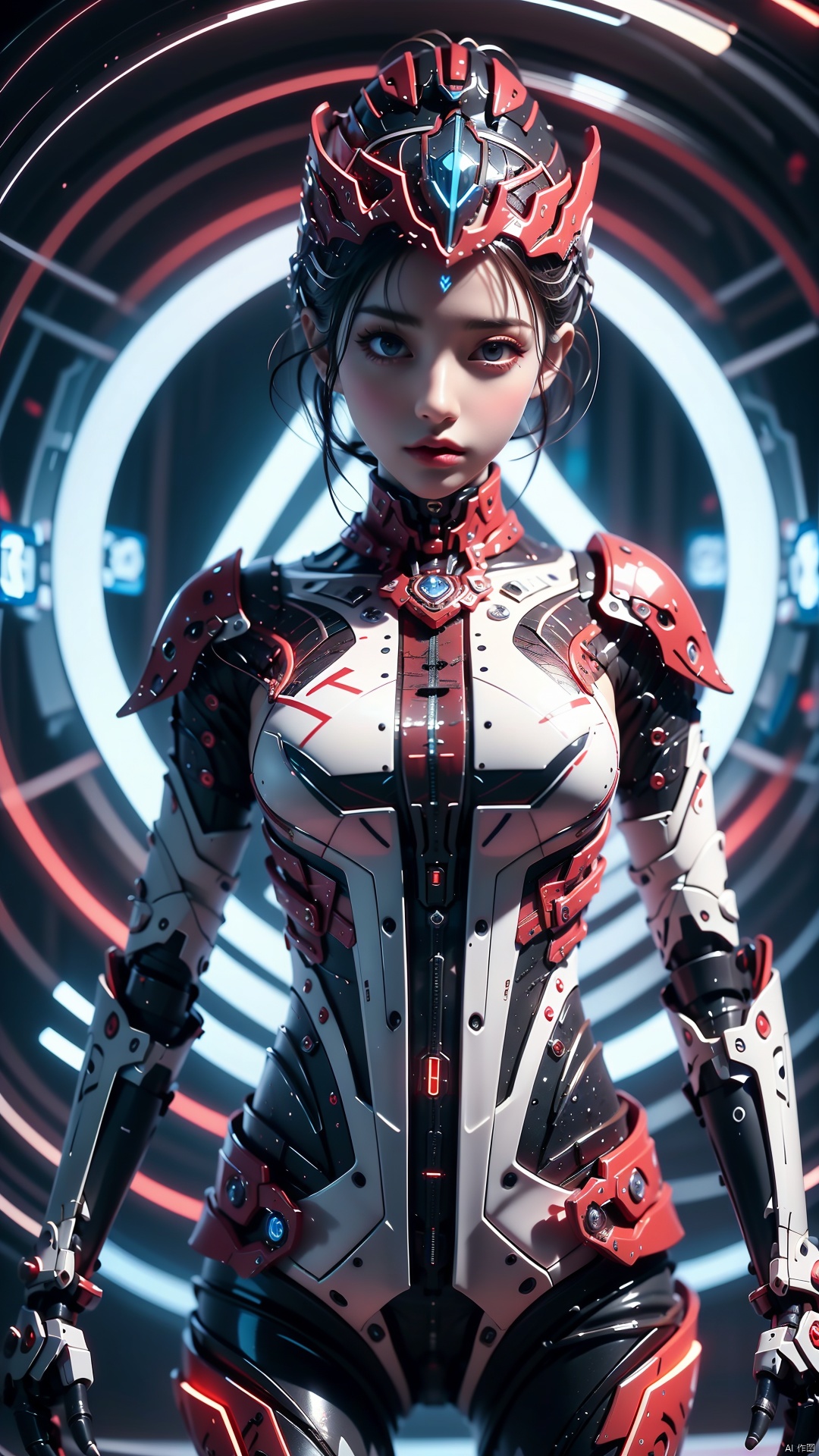  In an unknown future world, a shocking scene unfolds before my eyes. A woman in a red mecha, like a god of war. Her presence is both a symbol of strength and an embodiment of hope. The appearance of this female mecha is unique, full of technology and futuristic. The whole mecha showed a deep red luster, as if it were a burning flame, both warm and mysterious. The Mecha is sleek and compact, and every detail has been carefully designed to meet the needs of combat, while also taking comfort and flexibility into account. The mecha's head design is simple and powerful, and the red armor on the top of the head is like a crown of honor, which not only shows the woman's perseverance and courage, but also highlights her unique charm. Her eyes, hidden behind a red mask, were firm and sharp, as if they could see through all the false, straight to the essence of things. The chest and back of the mech are heavily armored, providing good protection for the body. The waist line is particularly slender and slender, reminiscent of the soft beauty of the willows. The shoulders are equipped with huge red robotic arms, and the lines on the robotic arms are smooth, like flowing flames, giving people a strong visual impact.
1 gril,masterpiece,full body,
render,technology,4K,Official art, unit 8 k wallpaper, ultra detailed, beautiful and aesthetic, masterpiece, best quality, extremely detailed, science fiction,CG, Ink scattering_Chinese style, robot girl