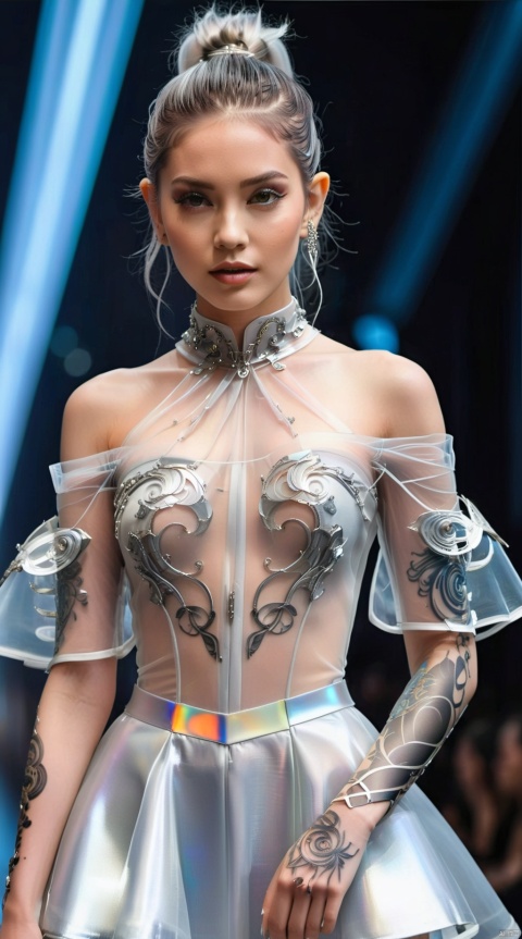  She wore a futuristic silver dress, giving people a sense of imagination about the future world. Her hairstyle is simple and neat, tied into a ponytail, appearing clean and refreshing. This hairstyle not only showcases her personality, but also makes her face more delicate.
She was wearing a transparent off shoulder outfit, showcasing her beautiful shoulder lines. This design is full of temptation, making people want to explore her more. And her dress is a highly creative piece, with a unique cut and a sense of technology. The silver luster of the dress shimmered enchantingly in the light, leaving people amazed.
The most eye-catching feature is the black mechanical tattoos on her arms and legs. These tattoos not only add to her handsomeness, but also make her image more vivid. Her mechanical tattoo is full of the power of technology, as if she has stepped out of the future world. This tattoo design is both creative and very bold, making it eye-catching.
1 girl,masterpiece,
render,technology, (best quality) (masterpiece), (highly detailed), 4K,Official art, unit 8 k wallpaper, ultra detailed, masterpiece, best quality, extremely detailed, dynamic angle,atmospheric,highdetail,exquisitefacialfeatures,futuristic,sciencefiction,CG,concept clothing , left and right different colors, 6-12yifu