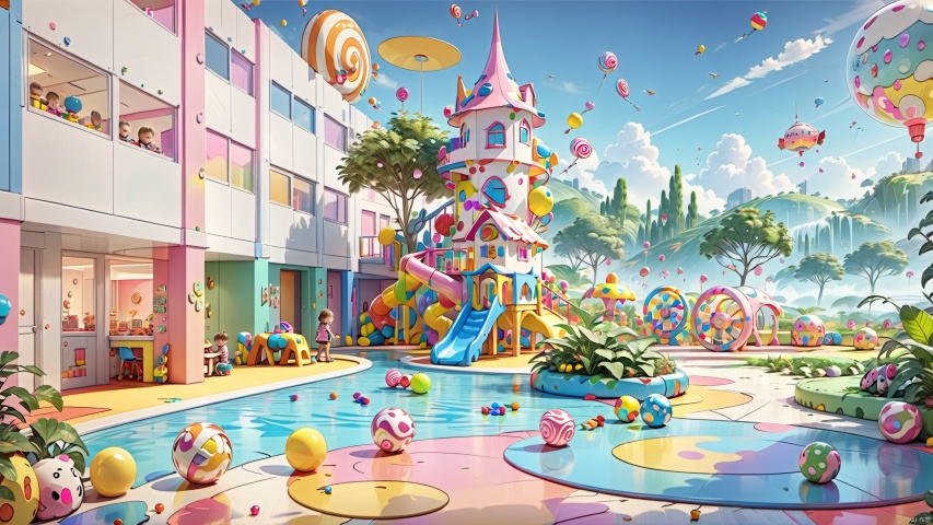  Children's play facilities, landscape vegetation,Conceptual space,
render,technology, (best quality) (masterpiece), (highly in detailed), 4K,Official art, unit 8 k wallpaper, ultra detailed, masterpiece, best quality, extremely detailed,CG,low saturation, candy-coated, ETWS