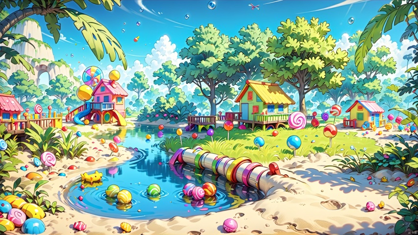 Children's play facilities, landscape vegetation, sand pond,Conceptual space,
render,technology, (best quality) (masterpiece), (highly in detailed), 4K,Official art, unit 8 k wallpaper, ultra detailed, masterpiece, best quality, extremely detailed,CG,low saturation, candy-coated