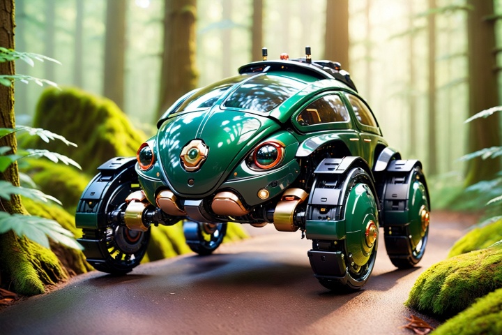 First of all, from the overall appearance, the design of this robotic beetle car is very unique, and its shape and appearance are reminiscent of beetles in nature.  This design not only has sufficient mechanical strength, but also can resist the erosion of the natural environment, ensuring the stability and durability of the vehicle in a variety of environments.
The vehicle's main color is dark green, a color that allows it to almost blend in among the trees in the mountains, giving the illusion that it is made of natural elements.  In the details of the body, the designer cleverly incorporated some gold and silver decorations, which not only increase the visual impact of the vehicle, but also make it appear more noble and mysterious in the natural environment.
In terms of the styling of the vehicle, its front is designed to be very sharp, which not only facilitates its passage through the woods, but also enhances its visual impact.  The top of the vehicle is designed with an array of sensors and detectors, which can sense the surrounding environment and provide accurate information to the driver.
mecha,
render,technology, (best quality) (masterpiece), (highly detailed), game,4K,Official art, unit 8 k wallpaper, ultra detailed, beautiful and aesthetic, masterpiece, best quality, extremely detailed, dynamic angle, atmospheric, full body lens,high detail,exquisite facial features,futuristic,science fiction,CG,