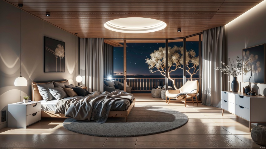  Large floor, bedroom, interior lighting,Curved log structure background,
microworld,Interior, Home design, Conceptual space, Surrealism, future technology,At night
render,technology, (best quality) (masterpiece), (highly in detailed), 4K,Official art, unit 8 k wallpaper, ultra detailed, masterpiece, best quality, extremely detailed,CG,low saturation,monochrome, Installation art, glow, Light master