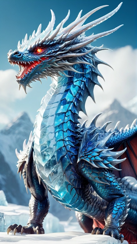  A blue ice dragon, its body covered with thick ice scales, each shining with a cold ice light. The ice dragon's eyes are deep red, as if they can see through everything, revealing its mystery and majesty. Its head was stretched forward and its mouth showed a row of sharp teeth, as if it were demonstrating against the enemy.
The body of the ice dragon is very large, and its wings are wide and powerful, which allows it to fly in the sky. The wings are covered with ice crystals, each beautiful as a work of art. The tail of the ice dragon is long and stout, with a large ice thorn at the end, as if it were its combat weapon. The whole body is covered with ice, giving a cold and mysterious feeling.
The ice dragon's feet are very powerful, with sharp claws on each toe, allowing it to easily climb mountains and glaciers. Its back and belly are protected by thick ice scales, which are not only hard but also very smooth, allowing it to glide quickly across the ice.
In the black background, the ice dragon appears more mysterious and dignified. It seems to be a guardian from the ice and snow world, guarding this land with its own strength and wisdom. Its existence makes people feel a strong sense of shock and awe.
1 dragon,masterpiece,
render,technology, (best quality) (masterpiece), (highly detailed), game,4K,Official art, unit 8 k wallpaper, ultra detailed, beautiful and aesthetic, masterpiece, best quality, extremely detailed, dynamic angle, atmospheric, full body lens,high detail,exquisite facial features,futuristic,science fiction,CG, Oriental Dragon, wujie, mlonggwang