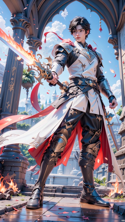  1 boy,Short black hair,Determined eyes,White clothes,
Sword in hand,Whirling Swordsmanship,flame sword,Disney style,3D,full body,
render,technology, (best quality) (masterpiece), (highly in detailed), 4K,Official art, unit 8 k wallpaper, ultra detailed, masterpiece, best quality, extremely detailed,CG,low saturation,