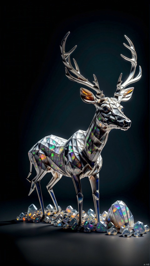 Deer shape,diamond-encrusted,shiny,transparent,White color,Macro Lens,microscopic creations,
render,technology, (best quality) (masterpiece), (highly in detailed), 4K,Official art, unit 8 k wallpaper, ultra detailed, masterpiece, best quality, extremely detailed,CG, transparent , ral-opal , colorful