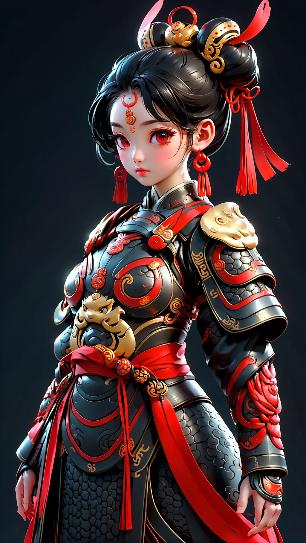 She wears two buns on her head,Delicate face,full body,
Nezha,Red ribbon,eastern mythology,Black hair,Red armor,
render,technology, (best quality) (masterpiece), (highly detailed), qigame,4K,Official art, unit 8 k wallpaper, ultra detailed, beautiful and aesthetic, masterpiece, best quality, extremely detailed, dynamic angle,   atmospheric,   full body lens,high detail,exquisite facial features,futuristic,science fiction,guofeng,Chinese_armor