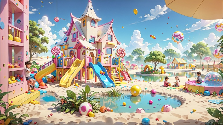  Children's play facilities, landscape vegetation, sand pond,Conceptual space,
render,technology, (best quality) (masterpiece), (highly in detailed), 4K,Official art, unit 8 k wallpaper, ultra detailed, masterpiece, best quality, extremely detailed,CG,low saturation, candy-coated, ETWS