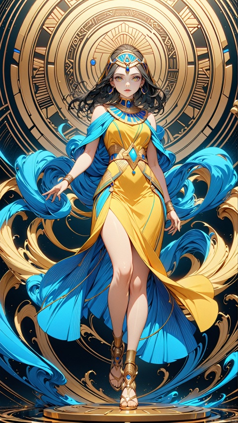 1 girl,The Clothes  with flowing lines,Holy Power,Metallicity,egyptian yellow,
render,technology, (best quality) (masterpiece), (highly in detailed), 4K,Official art, unit 8 k wallpaper, ultra detailed, masterpiece, best quality, extremely detailed,CG,low saturation, as style, line art,