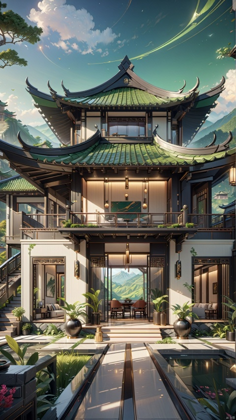  Single Villa, green mountains, creative design, concept space,
render,technology, (best quality) (masterpiece), (highly in detailed), 4K,Official art, unit 8 k wallpaper, ultra detailed, masterpiece, best quality, extremely detailed,CG,low saturation, jianzhu, Villa, QMSJ