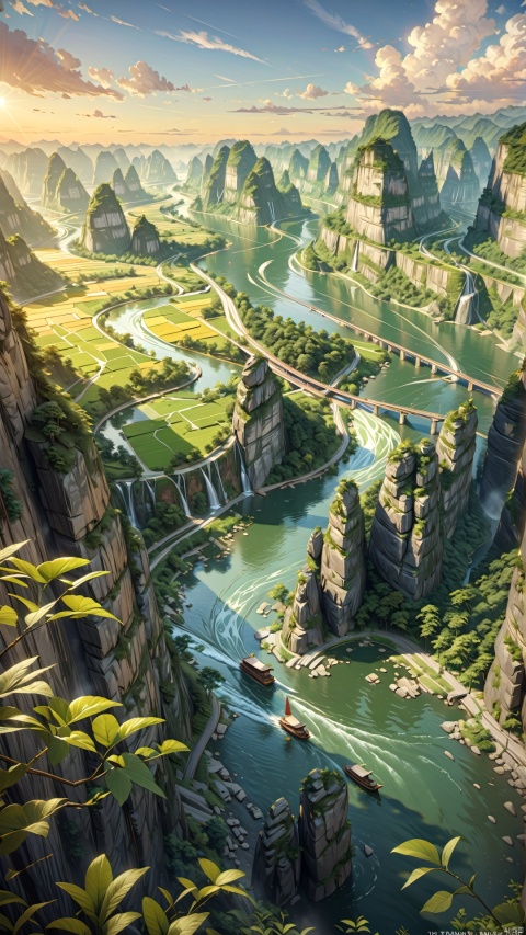  The Tianmen Mountains split and the Chu River flows through,
The clear water flows eastward and returns here.
On both banks, green mountains rise opposite each other,
A lone sailboat appears, coming from the sunlit horizon.
render,technology, (best quality) (masterpiece), (highly in detailed), 4K,Official art, unit 8 k wallpaper, ultra detailed, masterpiece, best quality, extremely detailed,CG,low saturation,
