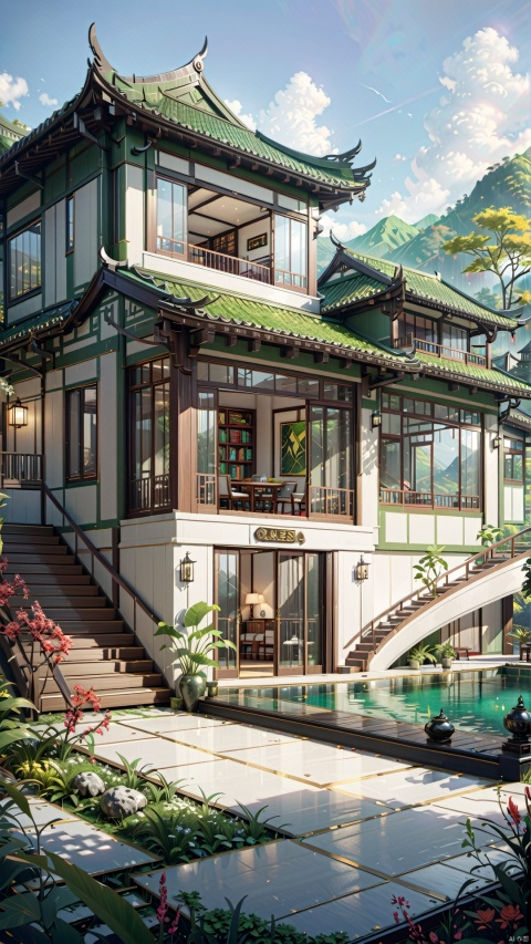  Single Villa, green mountains, creative design, concept space,
render,technology, (best quality) (masterpiece), (highly in detailed), 4K,Official art, unit 8 k wallpaper, ultra detailed, masterpiece, best quality, extremely detailed,CG,low saturation, jianzhu, Villa, QMSJ, mir
