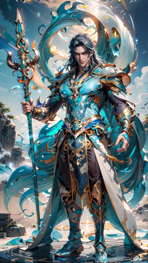  1 boy,Tang San,Doula Continent,Long and flowing hair,Sea God Trident,Determined eyes,The power of the sea God,
Holding the trident with both hands,3D,full body,
render,technology, (best quality) (masterpiece), (highly in detailed), 4K,Official art, unit 8 k wallpaper, ultra detailed, masterpiece, best quality, extremely detailed,CG,low saturation, realistic, Light particle skin, BY MOONCRYPTOWOW, Daofa Rune