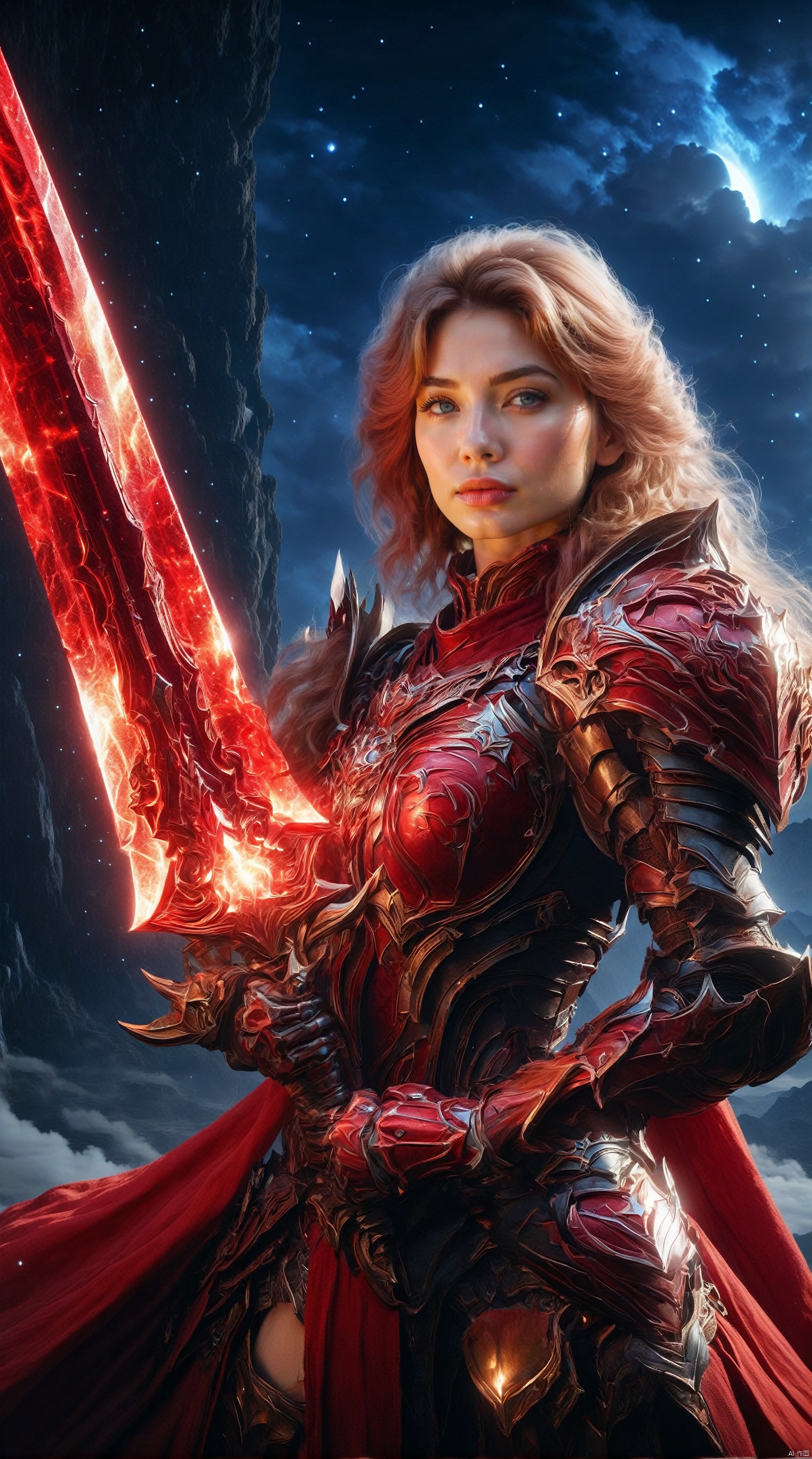  A female warrior in red armor, she stands alone among the stars, forming a magnificent picture with the planets and stars around her. Her armor was as red as fire, as if it could burn the universe, and the red sword in her hand shone with a cold light, as if it could Pierce all obstacles. The female warrior's hair, red as fire, fluttered across the void of the universe, in stark contrast to her armor.
1 girl,full body,masterpiece,
render,technology, (best quality) (masterpiece), (highly detailed), 4K,Official art, unit 8 k wallpaper, ultra detailed, masterpiece, best quality, extremely detailed, dynamic angle,atmospheric,highdetail,exquisitefacialfeatures,futuristic,sciencefiction,CG,
