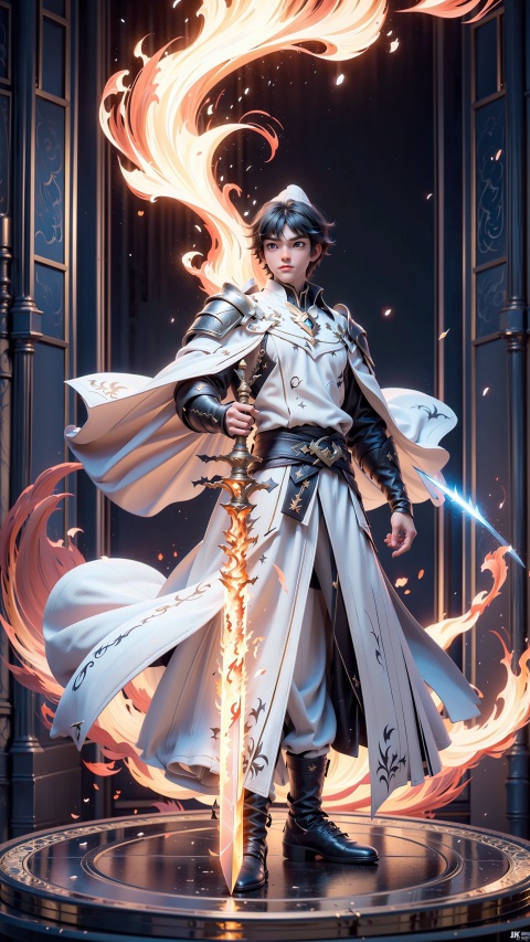  1 boy,Short black hair,Determined eyes,White clothes,
Sword in hand,Whirling Swordsmanship,flame sword,Disney style,3D,full body,
render,technology, (best quality) (masterpiece), (highly in detailed), 4K,Official art, unit 8 k wallpaper, ultra detailed, masterpiece, best quality, extremely detailed,CG,low saturation,