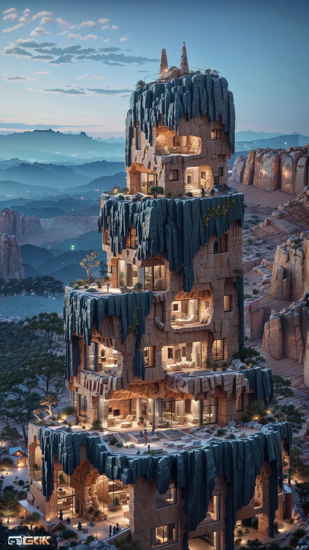  Single Villa, green mountains, creative design, concept space,Desert, strange rock formations,at night,
render,technology, (best quality) (masterpiece), (highly in detailed), 4K,Official art, unit 8 k wallpaper, ultra detailed, masterpiece, best quality, extremely detailed,CG,low saturation,Rock buildings, MIR