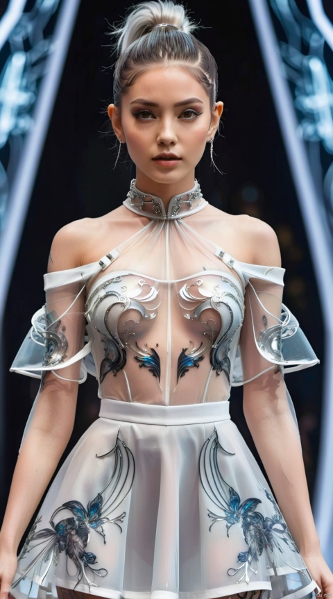  She wore a futuristic silver dress, giving people a sense of imagination about the future world. Her hairstyle is simple and neat, tied into a ponytail, appearing clean and refreshing. This hairstyle not only showcases her personality, but also makes her face more delicate.
She was wearing a transparent off shoulder outfit, showcasing her beautiful shoulder lines. This design is full of temptation, making people want to explore her more. And her dress is a highly creative piece, with a unique cut and a sense of technology. The silver luster of the dress shimmered enchantingly in the light, leaving people amazed.
The most eye-catching feature is the black mechanical tattoos on her arms and legs. These tattoos not only add to her handsomeness, but also make her image more vivid. Her mechanical tattoo is full of the power of technology, as if she has stepped out of the future world. This tattoo design is both creative and very bold, making it eye-catching.
1 girl,masterpiece,
render,technology, (best quality) (masterpiece), (highly detailed), 4K,Official art, unit 8 k wallpaper, ultra detailed, masterpiece, best quality, extremely detailed, dynamic angle,atmospheric,highdetail,exquisitefacialfeatures,futuristic,sciencefiction,CG,concept clothing , left and right different colors, 6-12yifu, 1girl