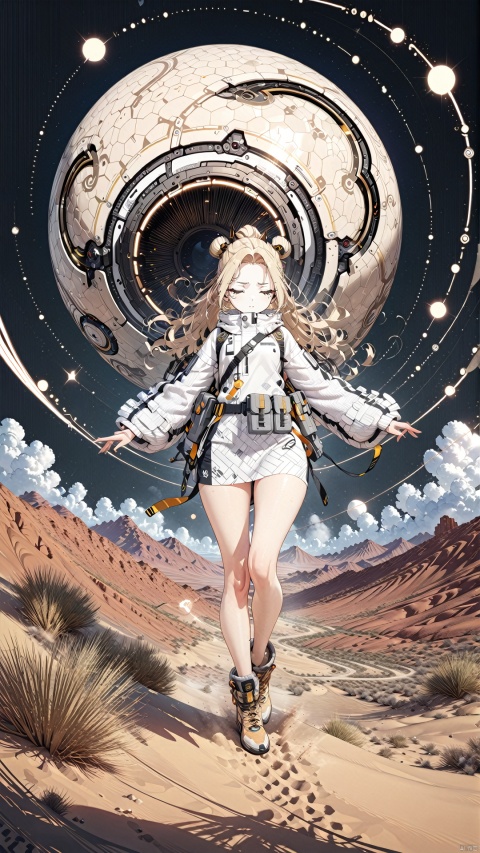 1 girl,Clothes with desert texture patterns,Desert element,
render,technology, (best quality) (masterpiece), (highly in detailed), 4K,Official art, unit 8 k wallpaper, ultra detailed, masterpiece, best quality, extremely detailed,CG,low saturation, as style, line art,