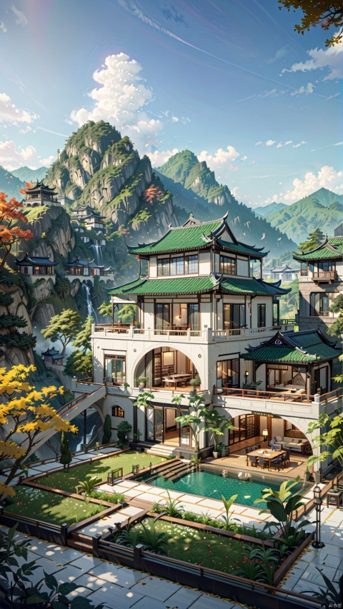  Single Villa, green mountains, creative design, concept space,
render,technology, (best quality) (masterpiece), (highly in detailed), 4K,Official art, unit 8 k wallpaper, ultra detailed, masterpiece, best quality, extremely detailed,CG,low saturation, jianzhu, Villa, QMSJ, mir