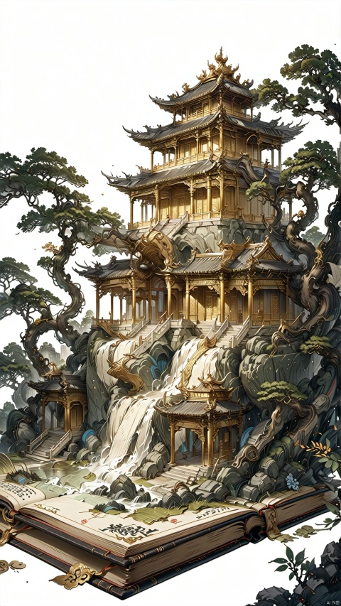  a golden Palace on the book,Chinese ancient architecture,Imperial Palace,ancient book,
render,technology, (best quality) (masterpiece), (highly in detailed), 4K,Official art, unit 8 k wallpaper, ultra detailed, masterpiece, best quality, extremely detailed,CG,low saturation, as style, line art