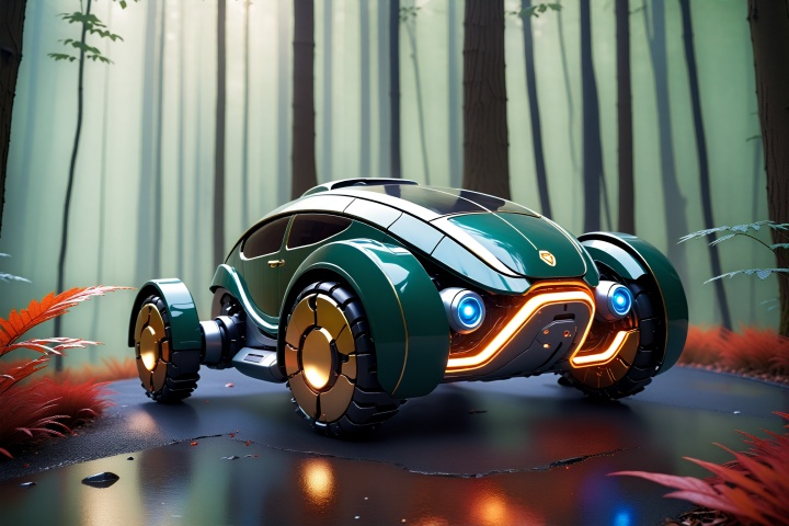 First of all, from the overall appearance, the design of this robotic beetle car is very unique, and its shape and appearance are reminiscent of beetles in nature.  This design not only has sufficient mechanical strength, but also can resist the erosion of the natural environment, ensuring the stability and durability of the vehicle in a variety of environments.
The vehicle's main color is dark green, a color that allows it to almost blend in among the trees in the mountains, giving the illusion that it is made of natural elements.  In the details of the body, the designer cleverly incorporated some gold and silver decorations, which not only increase the visual impact of the vehicle, but also make it appear more noble and mysterious in the natural environment.
In terms of the styling of the vehicle, its front is designed to be very sharp, which not only facilitates its passage through the woods, but also enhances its visual impact.  The top of the vehicle is designed with an array of sensors and detectors, which can sense the surrounding environment and provide accurate information to the driver.
mecha,
render,technology, (best quality) (masterpiece), (highly detailed), game,4K,Official art, unit 8 k wallpaper, ultra detailed, beautiful and aesthetic, masterpiece, best quality, extremely detailed, dynamic angle, atmospheric, full body lens,high detail,exquisite facial features,futuristic,science fiction,CG, scenc, Future City