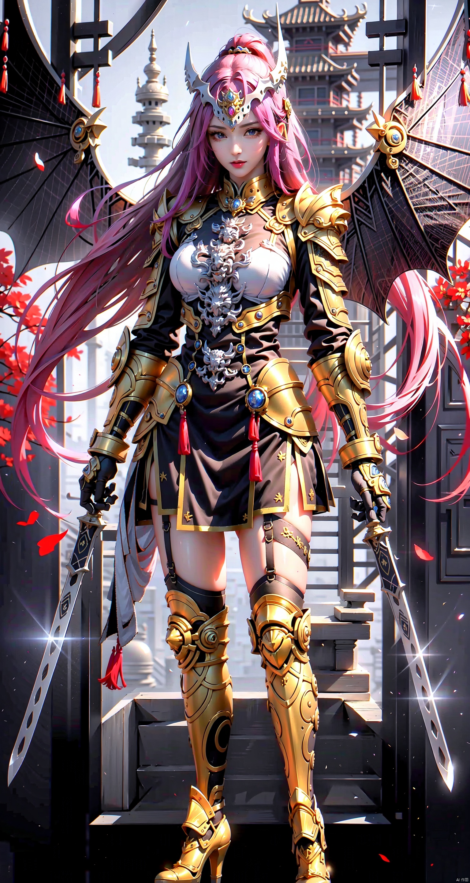  Her armor design is full of classical Chinese elements. The main part of the armor is dark purple, symbolizing the royal honor and majesty. The armor is inlaid with the delicate golden pattern of the dragon, an ancient Chinese divine animal representing strength and wisdom. At the same time, the armor edges and decorative parts are used bright silver, making the overall shape more gorgeous.
On the shoulders and chest of the armor, she is equipped with high-tech armor devices. These devices are made of transparent nanomaterials and embedded with complex electronic circuits and microcomputers. These devices can not only provide additional protection, but also analyze combat data in real time to provide tactical advice to female military commanders.
Her weapons also blend classical and technological elements. She carries a long sword with a fine moire, representing the vastness and freedom of the sky. The hilt is a modern design with a built-in intelligent sensing system that adjusts the weight and balance of the sword according to the female warrior's fighting state.
In addition, her head equipment is also quite distinctive. She wore a helmet modified from an ancient phoenix crown, inset with flashing LED lights, which added visual impact and symbolized the perfect combination of technology and tradition.
1 gril,masterpiece,full body,standing,
render,technology,4K,Official art, unit 8 k wallpaper, ultra detailed, beautiful and aesthetic, masterpiece, best quality, extremely detailed, science fiction,CG,