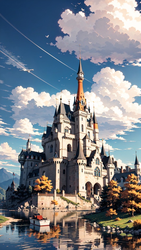 Castle amidst the colorful clouds in the morning,
countless mountains,1 river,A lonely boat,
render,technology, (best quality) (masterpiece), (highly in detailed), 4K,Official art, unit 8 k wallpaper, ultra detailed, masterpiece, best quality, extremely detailed,CG,low saturation, as style,