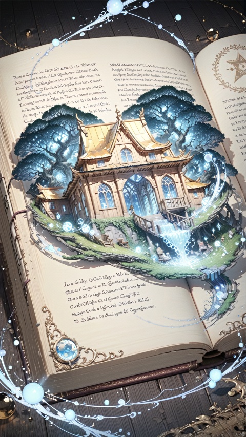 In a book there is a golden cottage,Magic book,
render,technology, (best quality) (masterpiece), (highly in detailed), 4K,Official art, unit 8 k wallpaper, ultra detailed, masterpiece, best quality, extremely detailed,CG,low saturation, as style, line art