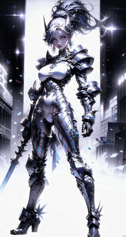  A girl in white and blue armor, in a dilapidated city, shows determination and fearless courage. She was wearing an elaborate suit of armor, a combination of white and blue that made her stand out against the gray city background. This suit of armor not only shows her nobility, but also her readiness for battle. The helmet is decorated with complex patterns, and the purple eyes are like the brightest stars in the night sky, flashing a mysterious light. Her eyes are firm and deep, as if she can see into the future, showing her persistent pursuit of victory. The girl holds an energy sword in her hand, her left hand firmly holding the hilt, her right hand gently supporting the blade, ready to strike a fatal blow at any time. The sword complements her armor, showing her great fighting power and fearless courage.
1 gril,full body,
render,technology, (best quality) (masterpiece), (highly detailed), 4K,Official art, unit 8 k wallpaper, ultra detailed, masterpiece, best quality, extremely detailed,atmospheric,highdetail,exquisitefacialfeatures,futuristic,sciencefiction,CG,low saturation,monochrome,