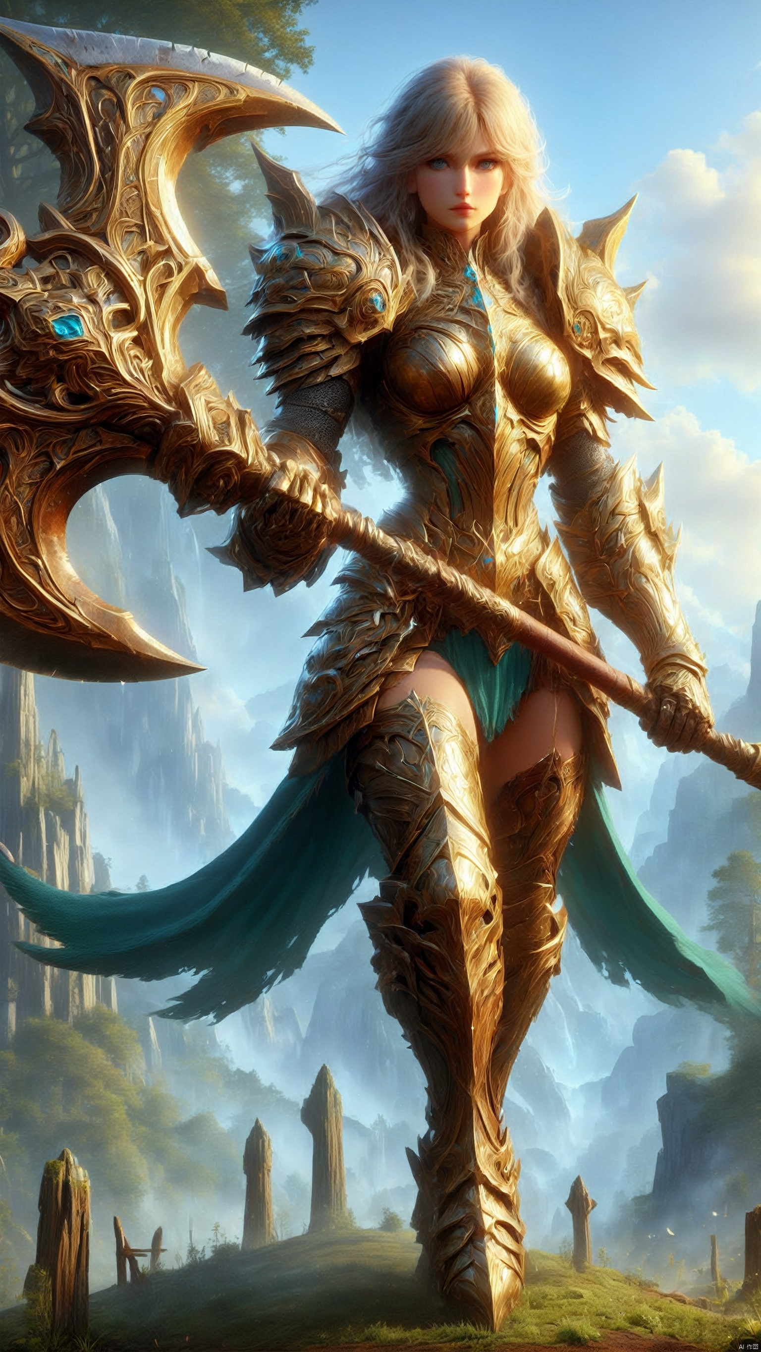  The female warrior wore a suit of fine gold armor and looked imposing. The texture of the armor was hard and smooth, it seemed to be made of an unknown metal, and it radiated a faint glow. The e breastplate part of the armor is carved with an intricate pattern that reveals mysterious and ancient beliefs.
The female warrior's arms are covered with long arms, and the shape of the arms echoes the armor, which adds a sense of beauty and provides a certain protection. In her hand she clutched a huge tomahawk, its body deep black and exuding a strong metallic texture. The surface of the axe is carved with complex lines, which seem to contain mysterious powers, reminiscent of ancient legends.
The handle of the tomahawk is partially composed of a stout wooden pole covered with a rough texture, giving it a thick and tough feel. At the end of the handle is a sharp iron spear, which can be used as an additional weapon. The shape of the whole tomahawk is very rough and powerful, and it seems to have endless strength and endless courage.
1 girl,full body,masterpiece,
render,technology, (best quality) (masterpiece), (highly detailed), 4K,Official art, unit 8 k wallpaper, ultra detailed, masterpiece, best quality, extremely detailed,atmospheric,highdetail,exquisitefacialfeatures,futuristic,sciencefiction,CG, Wearing fist gauntlets