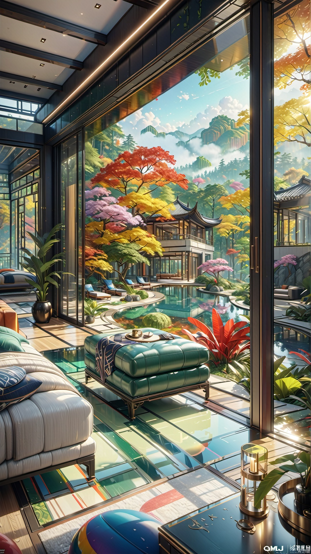 Glass room, colorful colors, forest view, depth of field filter, 
render,technology, (best quality) (masterpiece), (highly in detailed), 4K,Official art, unit 8 k wallpaper, ultra detailed, masterpiece, best quality, extremely detailed,CG,low saturation, jianzhu, Villa, QMSJ