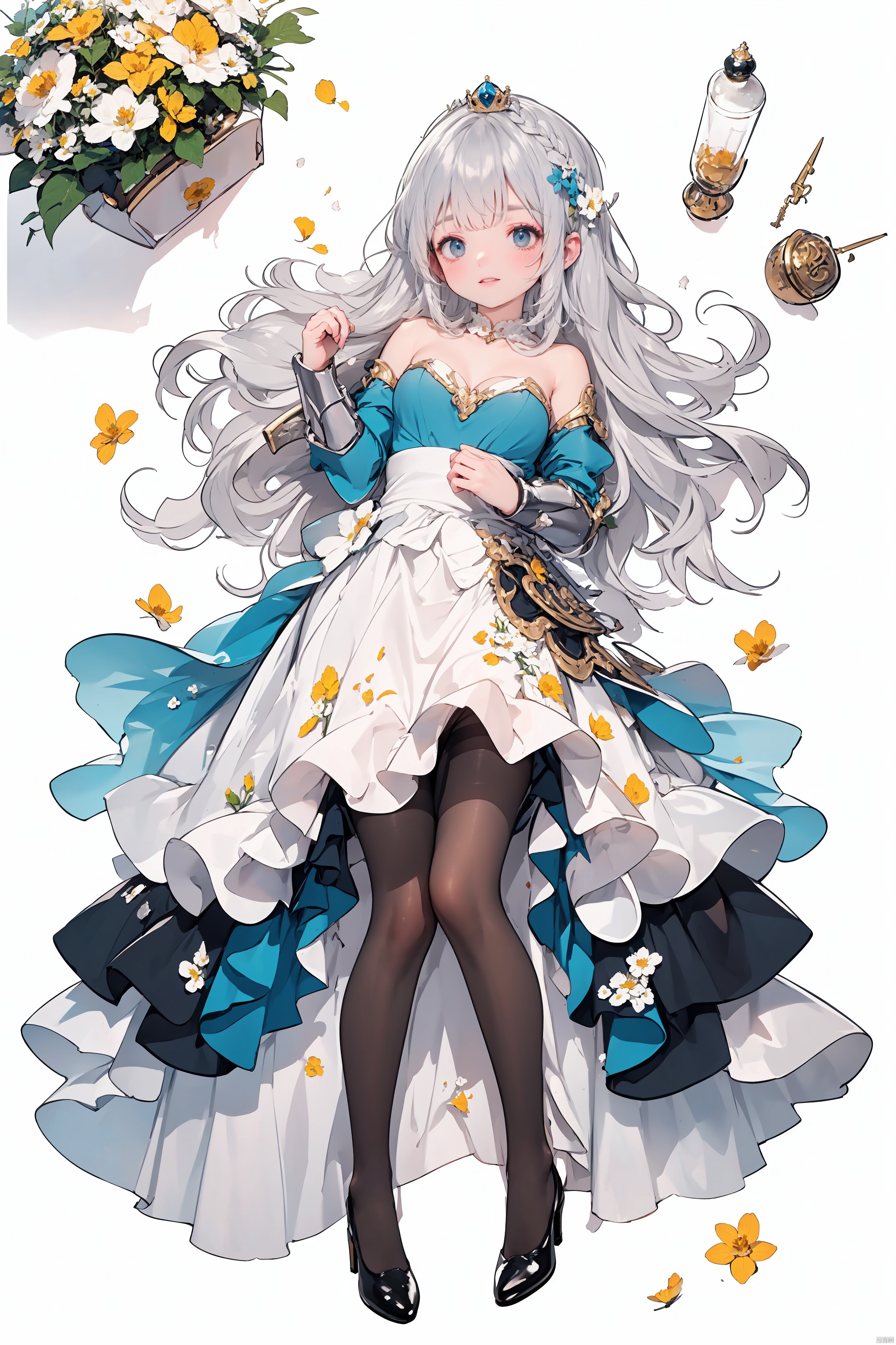  (Shoulder_armor:1.3), (skirt:1.2), Earrings, 
(wearing pointy_high-heeled_shoes:1.3), (pantyhose:1.3), 
(curvy:1.2), (skinny:1.2), (silvery hair:1.2), (long hair), 
(black_eyes, Beautiful and delicate eyes),
(flower hair clip:1.3), (Floral ornament:1.1), 
(masterpiece:1.2),
(solo:1.2), full_shot, fullbody, full_body, intricate detail, ultra-detailed, 
an extremely delicate and beautiful, best quality, watercolorbg, soft, anime style, key visual, vibrant, studio anime, highly detailed,
(Princess costume:1.2),

palace, palace complex, palatial architecture, 
seraglio, 

multiple colored hairs, sweet princess, random cute faces, super happy smiling, group shot, zoom camera, (close eyes:1.2),
(lolita_fashion), (dynamic_pose:1.2), 
((1girl)), full_body, from_above, lying, knees_together_feet_apart, looking_at_viewer, small_breasts, long_hair, lolita_fashion, ribbon, foot focus, White pantyhose, (lying on back:1.3), 




