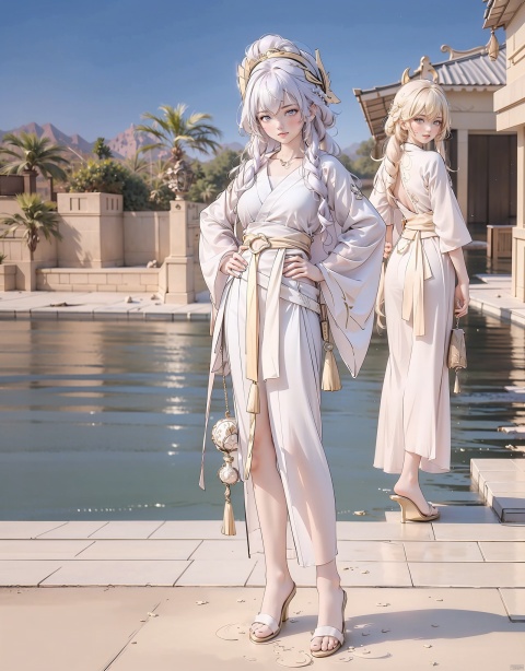  3+ girls, multiple colored hairs, random cute faces, group shot, zoom camera, 
(expression:1.0), (dynamic_pose:1.2), (action_pose:1.2), (action:1.0),
Desert Oasis Background, Ancient Egypt,lake
kandisi, (distance shot:1.5), (full_body:1.2), (full body:1.2), pyramid, (smile:1.0), long_legs, high heels, cxg
