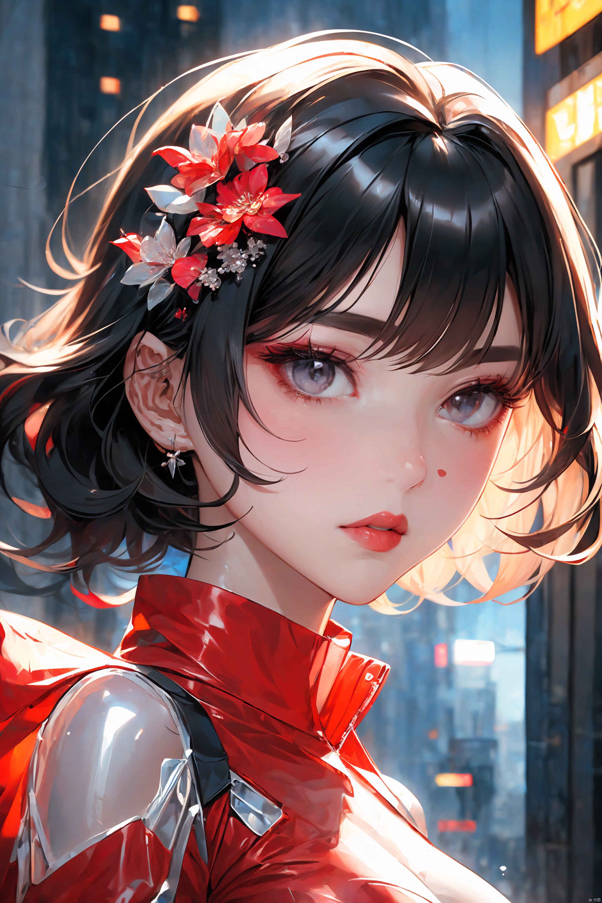  KK-Comic Style, looking at viewer,
bangs,lips, makeup, on bed,
skirt, night_sky, rooftop, city, 
neon lights, highly detailed, 
ultra-high resolutions, 32K UHD,
best quality, masterpiece,
partiallysubmerged, flower, airbubble, ((poakl))

1girl\((bishoujo), (lovely face:1.4), (pure black hair:1.4), (black eyes:1.3), (small breast:1.0), (straight_hair:1.4), (short_hair:1.4), slim, long_legs, black eyeliner, black eyelashes, pink eyeshadow, 
(perfect detailed face), (pink lipgloss:1.3), (perfect hands)\),
red Ultra-thin transparent, (silver Ultra-thin transparent mech:1.3), (all red color scheme:1.4), 

(short shorts:1.4),