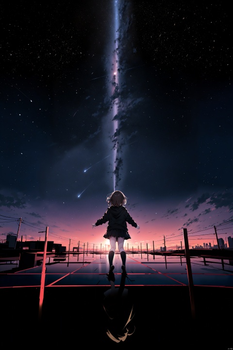  best quality, amazing quality, very aesthetic,1girl, sky, star_\(sky\), solo, skirt, cloud, socks, starry_sky, school_uniform, outstretched_arms, outdoors, short_hair, kneehighs, scenery, long_sleeves, from_behind, jacket, black_socks, spread_arms, pleated_skirt, reflection, brown_hair, building, tree, facing_away, black_jacket, floating, blazer, black_skirt, night, no_shoes, black_hair