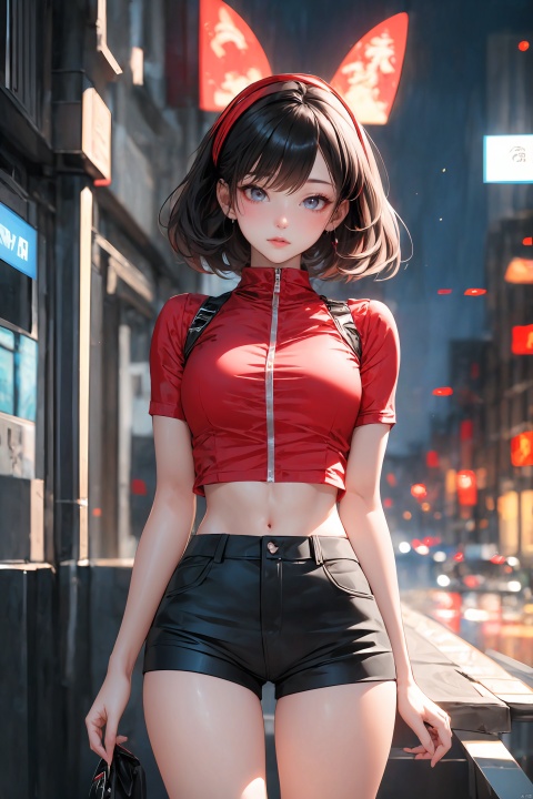  KK-Comic Style, looking at viewer,
bangs,lips, makeup, on bed,
red lips, peach blossom eye, crop_top, 
skirt, night_sky, rooftop, city, 
neon lights, highly detailed, 
ultra-high resolutions, 32K UHD,
best quality, masterpiece,
partiallysubmerged, flower, airbubble, ((poakl))

1girl\((bishoujo), (lovely face:1.4), (pure black hair:1.4), (black eyes:1.3), (small breast:1.0), (straight_hair:1.4), (short_hair:1.4), slim, long_legs, black eyeliner, black eyelashes, pink eyeshadow, 
(perfect detailed face), (pink lipgloss:1.3), (perfect hands)\),
red Ultra-thin transparent, (silver Ultra-thin transparent mech:1.3), (all red color scheme:1.4),  

(short shorts:1.4),