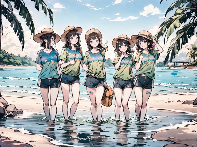  (masterpiece), (best quality), Exquisite visuals, high-definition, (ultra detailed), finely detail,

4+ girls, multiple colored hairs, random cute faces, super happy smiling, laughing, group shot,

(action_pose:1.2),

(water clothes and hats), (short shorts:1.6),
The environment is next to the beach, with coconut trees and many seashells on the beach, tattoo, ((poakl)), tianyahaojiao