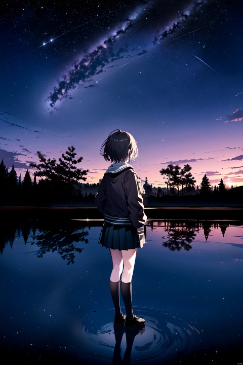  best quality, amazing quality, very aesthetic,1girl, sky, star_\(sky\), solo, skirt, cloud, socks, starry_sky, school_uniform, outstretched_arms, outdoors, short_hair, kneehighs, scenery, long_sleeves, from_behind, jacket, black_socks, spread_arms, pleated_skirt, reflection, brown_hair, building, tree, facing_away, black_jacket, floating, blazer, black_skirt, night, no_shoes, black_hair