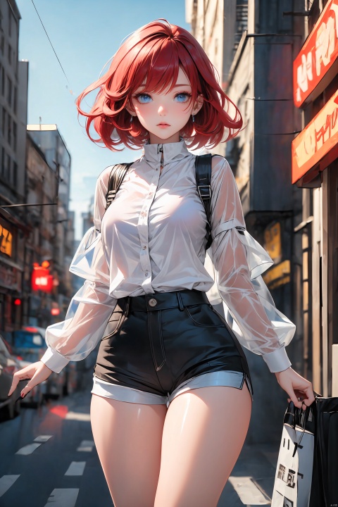  KK-Comic Style, looking at viewer,
bangs,lips, makeup, on bed,
(pure red hair:1.4), (black eyes:1.3)
crop_top, 
skirt, night_sky, rooftop, city, 
neon lights, highly detailed, 
ultra-high resolutions, 32K UHD,
best quality, masterpiece,
partiallysubmerged, flower, airbubble, ((poakl))

1girl\((bishoujo), (colorful_hair:1.4), (blue eyes:1.3), (median breasts:1.2), (straight_hair:1.4), (short_hair:1.4), slim, long legs, sharp_eyelid, black eyeliner, black eyelashes, blonde eyeshadow, 
(perfect detailed face), (pink lipgloss:1.3), (perfect hands)\),
red Ultra-thin transparent, (silver Ultra-thin transparent mech:1.3), (all white color scheme:1.4), 

(short shorts:1.4),