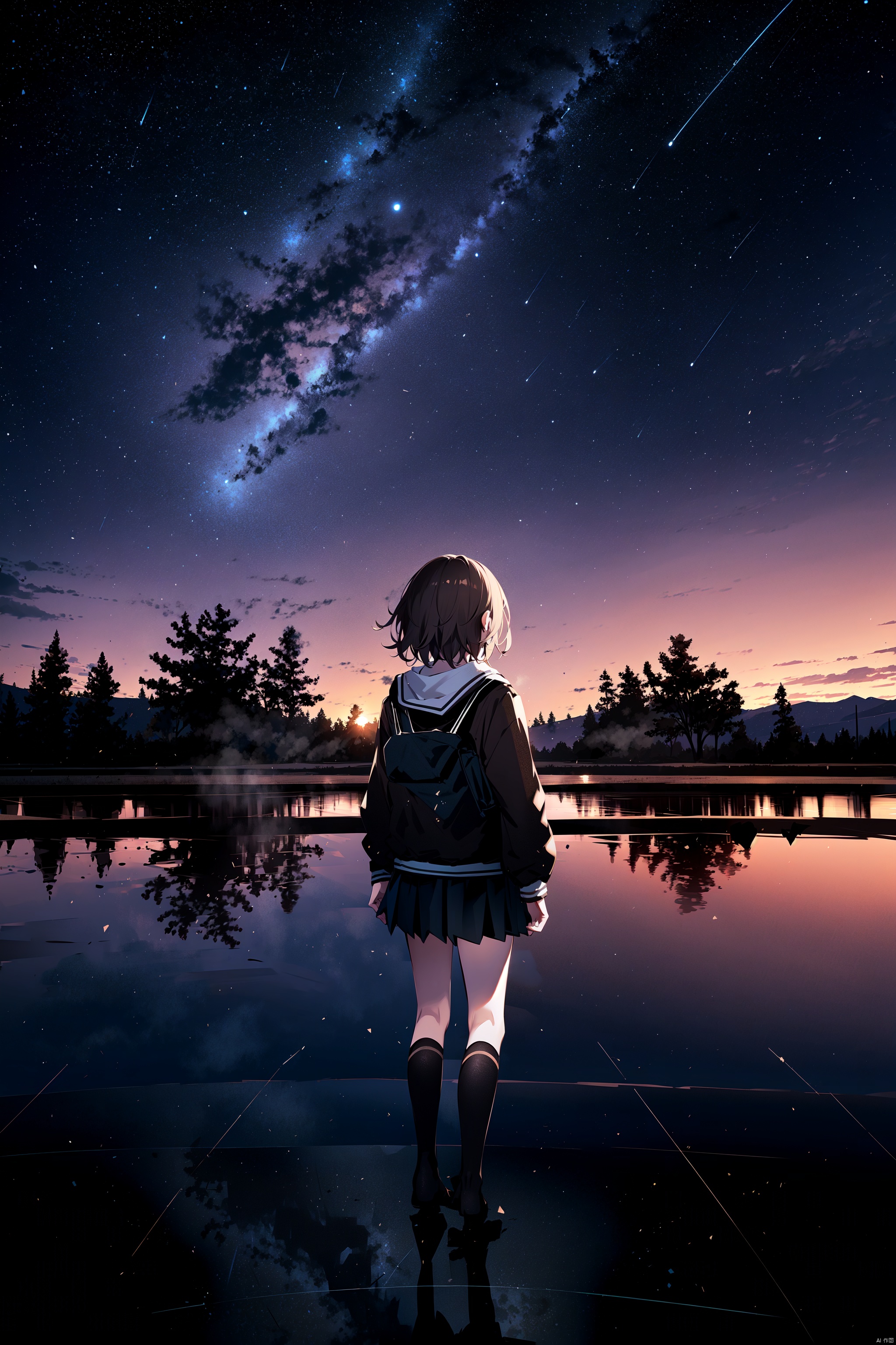  best quality, amazing quality, very aesthetic,1girl, sky, star_\(sky\), solo, skirt, cloud, socks, starry_sky, school_uniform, outstretched_arms, outdoors, short_hair, kneehighs, scenery, long_sleeves, from_behind, jacket, black_socks, spread_arms, pleated_skirt, reflection, brown_hair, building, tree, facing_away, black_jacket, floating, blazer, black_skirt, night, no_shoes, black_hair