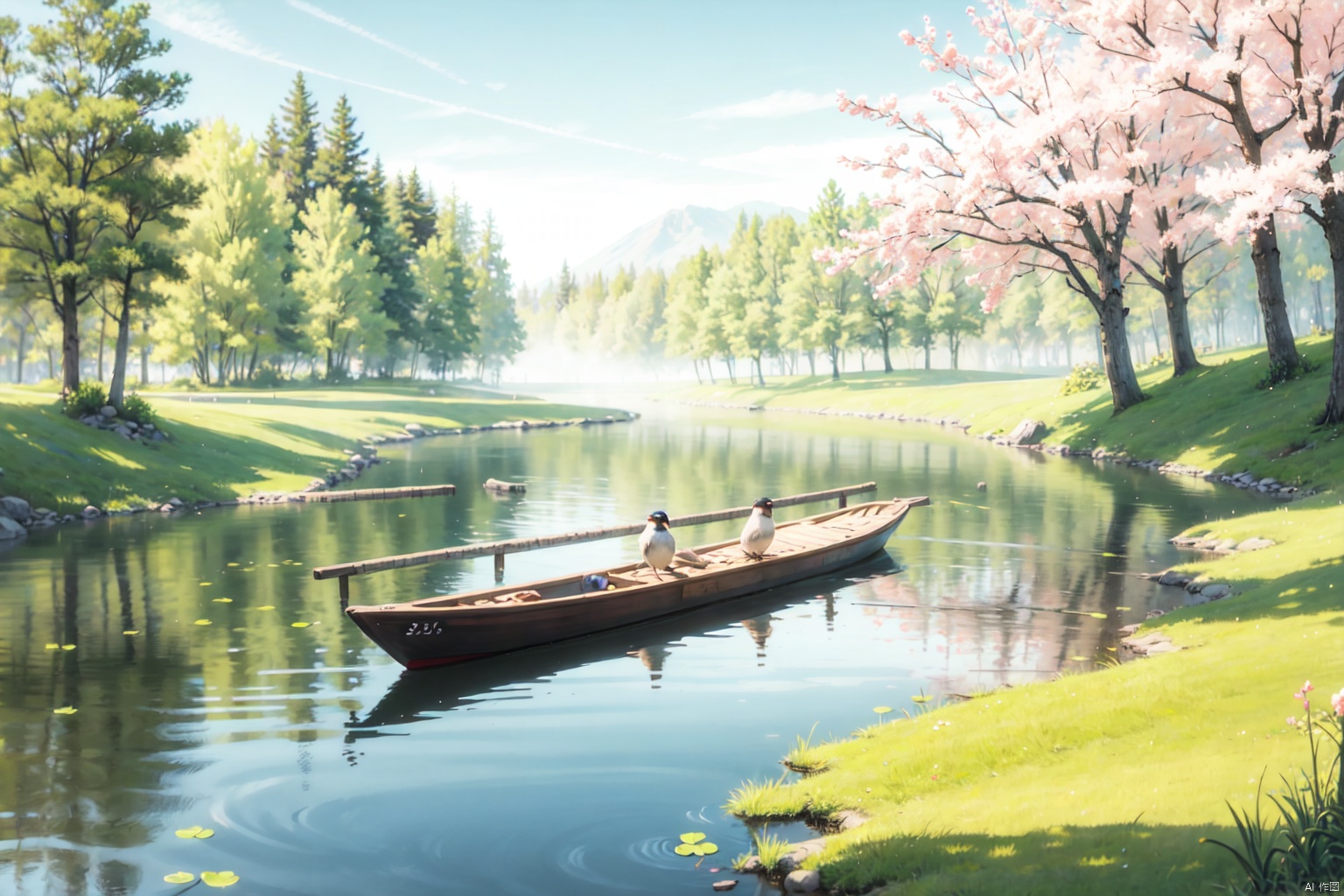 capture a serene early spring scene on a misty lake a wooden boat. trees with fresh green buds line the shore. above, a pair of swallows fly among young willow branches. the atmosphere is calm and expectant, signaling the awakening of nature, gf, ycbh