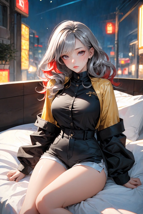  KK-Comic Style, looking at viewer,
bangs,lips, makeup, on bed,
red lips, peach blossom eye, crop_top, 
skirt, night_sky, rooftop, city, 
neon lights, highly detailed, 
ultra-high resolutions, 32K UHD,
best quality, masterpiece,
partiallysubmerged, flower, airbubble, ((poakl))

1girl\((bishoujo), (lovely face:1.4), (pure red hair:1.4), (black eyes:1.3), (papaya-shaped breasts:1.1), curly_hair, long_hair, (hair_past_waist:1.4), plump_pussy, long_legs, sharp_eyelid, black eyeliner, black eyelashes, red eyeshadow, 
(perfect detailed face), (pink lipgloss:1.3), (perfect hands)\),
golden Ultra-thin transparent, (silver Ultra-thin transparent mech:1.3), (all golden color scheme:1.4), 

(short shorts:1.4),