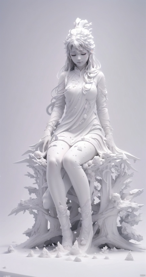  A girl sitting in the white snow closed her eyes and her body had turned white, Be covered with snow, All white, all white, all snow, White statue, (full_body:1.2), (full body:1.2), (expression:1.0), (dynamic_pose:1.2),
, sg