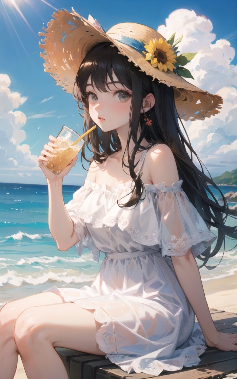 hat, 1girl, straw_hat, dress, hat_flower, white_dress, sitting, cup, solo, long_hair, flower, ribbon, looking_at_viewer, bare_shoulders, off_shoulder, outdoors, holding, disposable_cup, day, blue_ribbon, drinking_straw, brown_headwear, sun_hat, beach,
