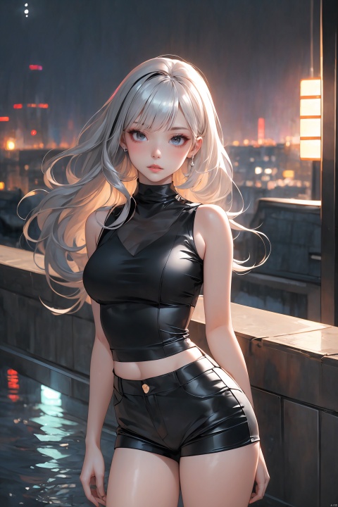 KK-Comic Style, looking at viewer,
bangs,lips, makeup, on bed,
red lips, peach blossom eye, crop_top, 
skirt, night_sky, rooftop, city, 
neon lights, highly detailed, 
ultra-high resolutions, 32K UHD,
best quality, masterpiece,
partiallysubmerged, flower, airbubble, ((poakl))

1girl\((bishoujo), (lovely face:1.4), (pure black hair:1.3), (black eyes:1.3), (small breast:1.0), (straight_hair:1.4), long_hair, (very_long_hair:1.3), anime_hair, slim, sharp_eyelid, eyeliner, eyelashes, eyeshadow, 
(perfect detailed face), (pink lipgloss:1.3), long_legs\),
black Ultra-thin transparent, (silver Ultra-thin transparent mech:1.3), (all black color scheme:1.4), 

(short shorts:1.4),