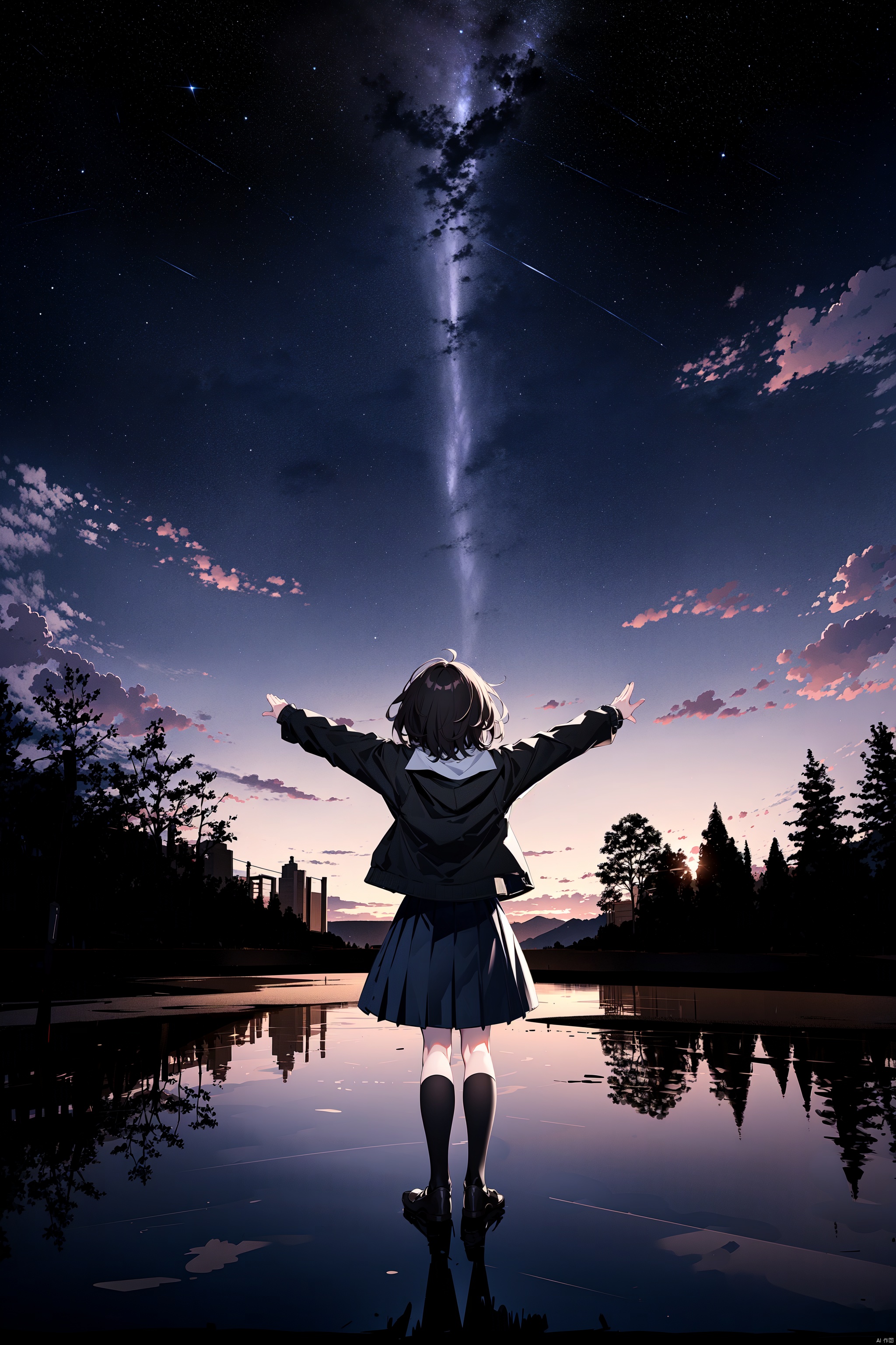  best quality, amazing quality, very aesthetic,1girl, sky, star_\(sky\), solo, skirt, cloud, socks, starry_sky, school_uniform, outstretched_arms, outdoors, short_hair, kneehighs, scenery, long_sleeves, from_behind, jacket, black_socks, spread_arms, pleated_skirt, reflection, brown_hair, building, tree, facing_away, black_jacket, floating, blazer, black_skirt, night, no_shoes, black_hair